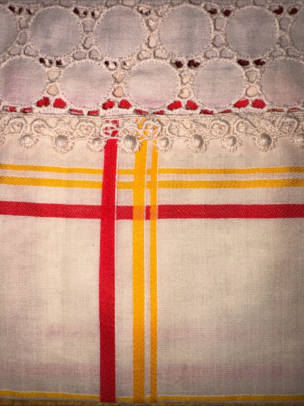 VINTAGE OOAK Cream Lace Maxi Dress with Yellow & Red Plaid Trim - Picture 11 of 11